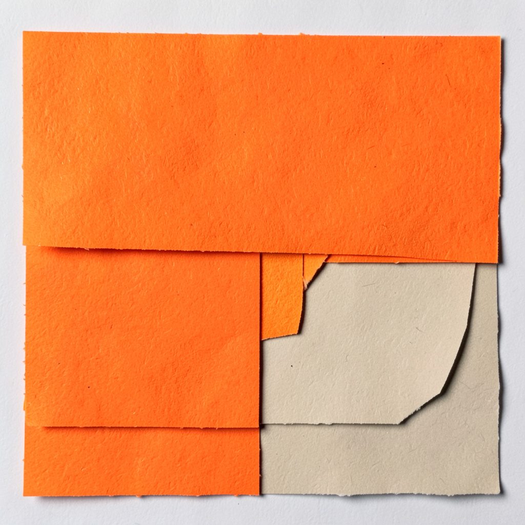 Layered paper cut-out collage of folded clothing and soft textures in warm neutral tones, suggesting a wardrobe being sorted through