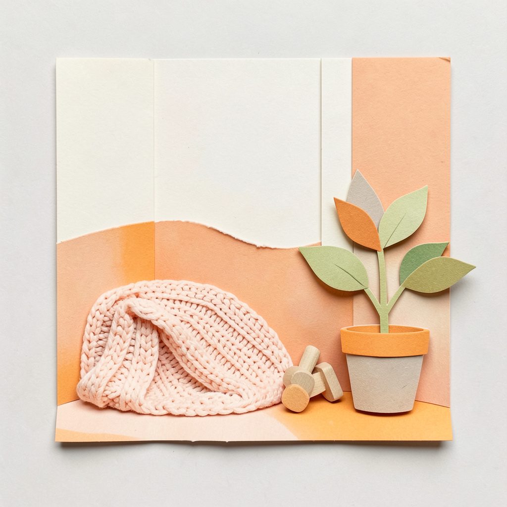 Layered paper cut-out collage of a cozy nursery nook in warm cream and peach tones, with a soft knitted blanket, a small chair, and gentle folded fabrics evoking calm new-motherhood