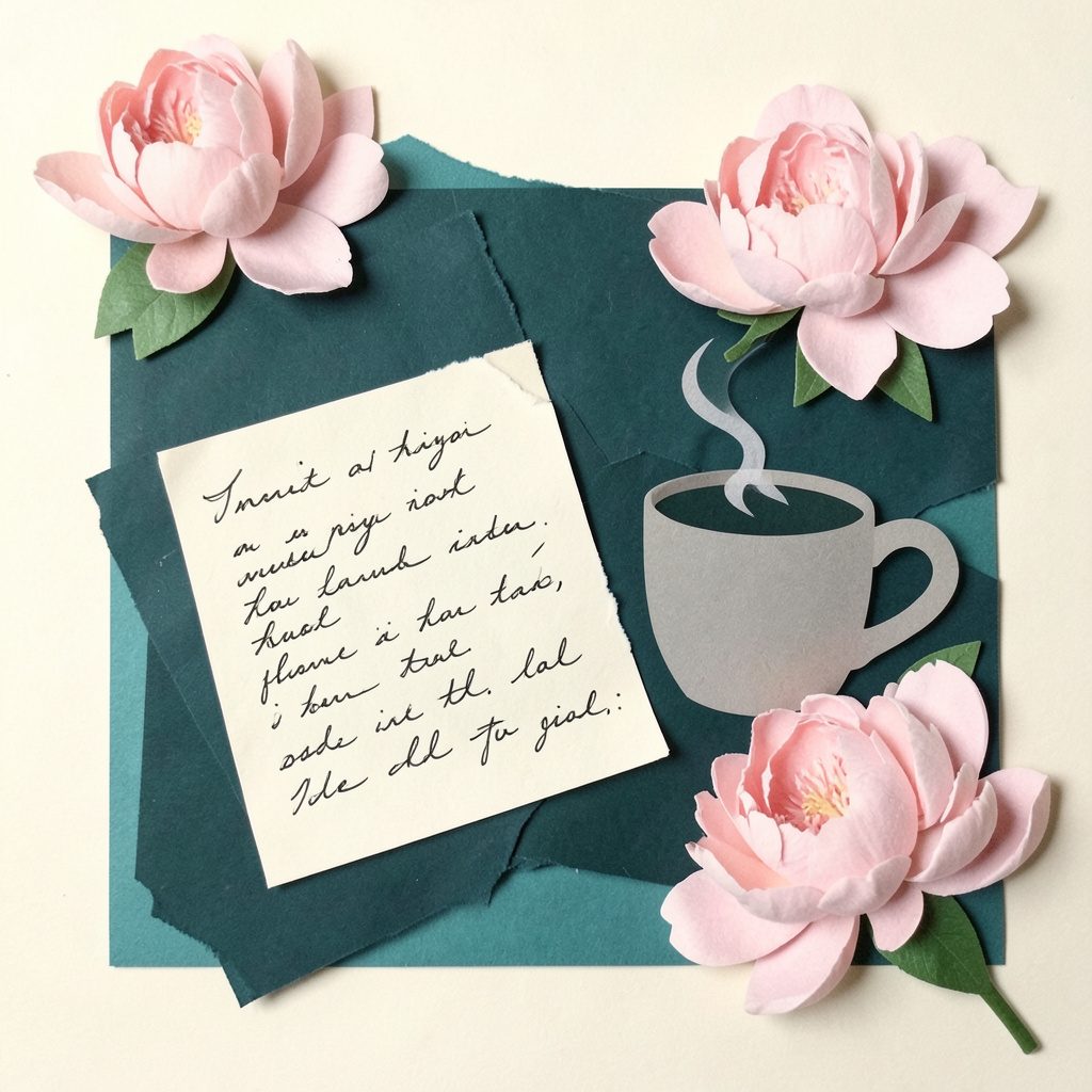 Layered paper cut-out collage of a cozy desk vignette with handwritten notes, a steaming mug, and soft pink peonies against a cream and teal backdrop