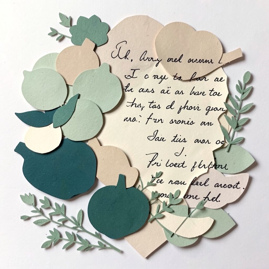 Layered paper cut-out collage of fresh ingredients and handwritten recipe notes in soft sage green and warm cream tones, with scattered herb sprigs