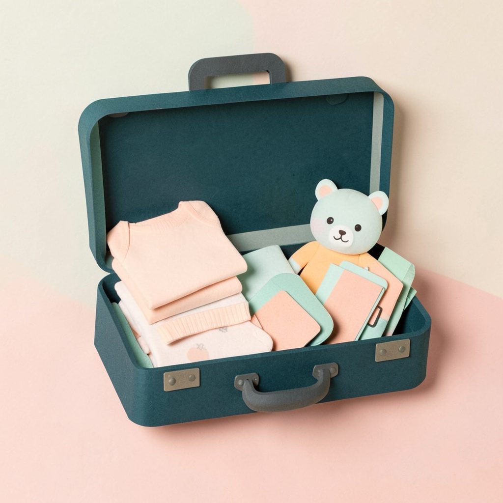 Layered paper cut-out collage of a suitcase open on a soft pastel background, with folded baby clothes, a small plush toy, and travel essentials in gentle peach and mint tones